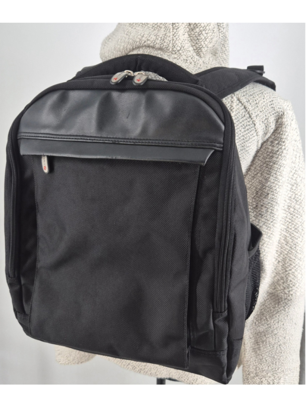 FORAY Black Laptop Backpack Business Travel Work Bag Faux Leather Trim 16x13x4in
